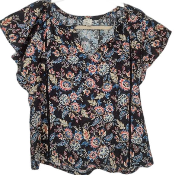 Evereve Tops - Evereve Roan and Ryan Floral Blouse Top Short Sleeve Cotton Size XS Cap Sleeve